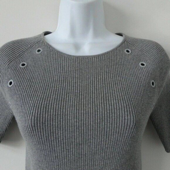 New AKRIS Grey Round Neck Short Sleeve Cotton Knit Top 10 w/ Rib Eyelet Detail - Picture 3 of 7